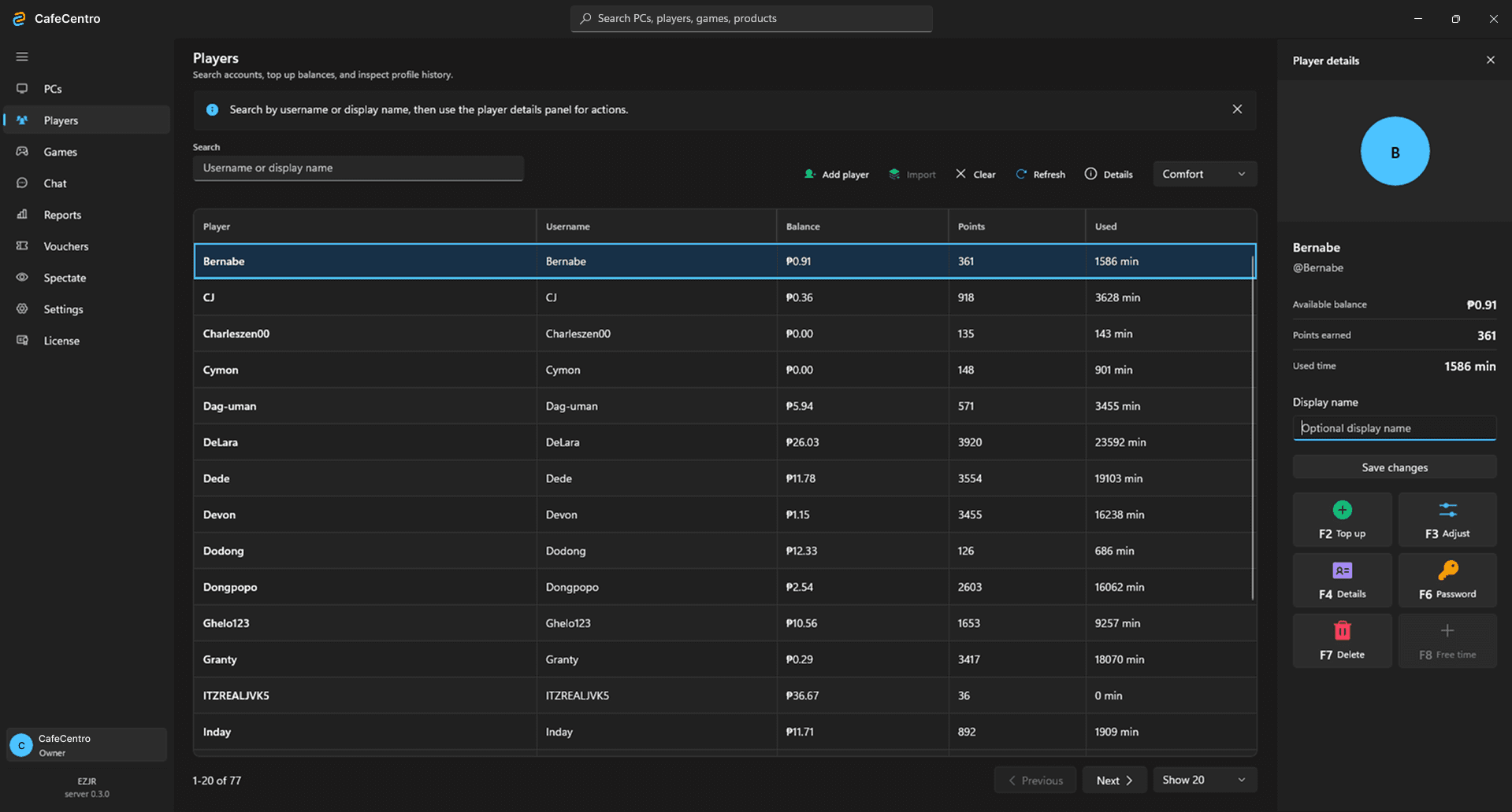 Player records and quick actions