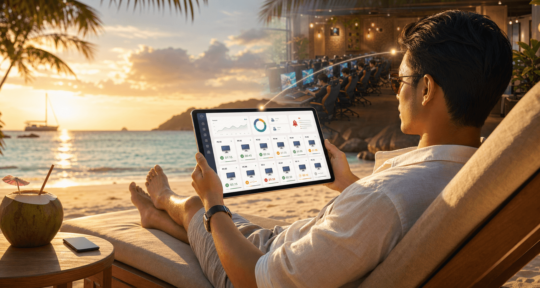 CafeCentro owner monitoring an internet cafe online from a vacation balcony