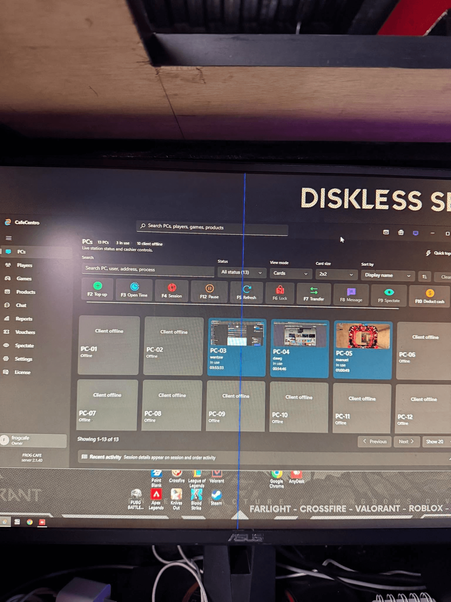 CafeCentro Cloud Timer desktop portal showing live PC status